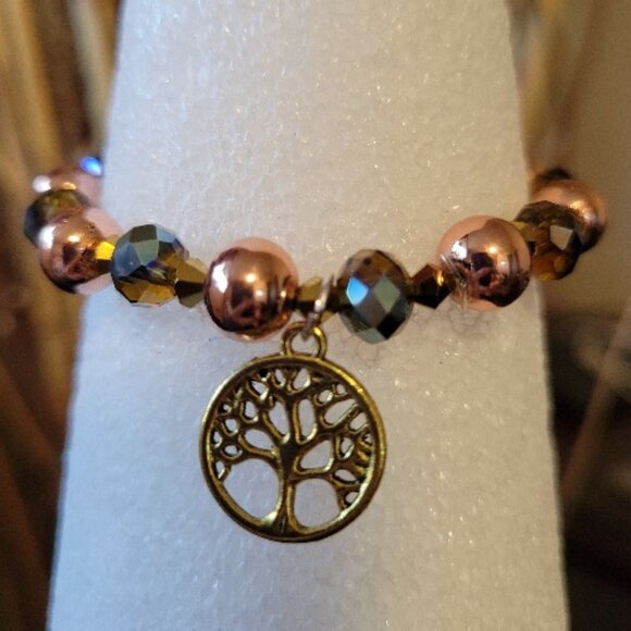 Brown Bronze Blue Beaded Elastic Wrist Wraps with Charms - Picture 1 of 2